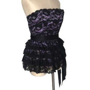Vintage Betsey Johnson Poppy Corset Tube Top Size 10 Black Purple Ruffle Lace